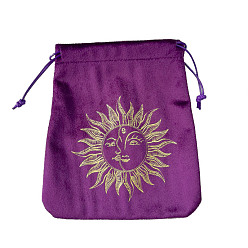 Sun Velvet Tarot Cards Storage Drawstring Bags, Tarot Desk Storage Holder, Purple, Sun Pattern, 16.5x15cm