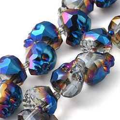 Royal Blue Transparent Electroplated Glass Beads Strands, Rainbow Plated, Faceted Skull, Royal Blue, 15x13x13.5mm, Hole: 1.4mm, about 48~50pcs/strand, 22.83~23.23 inch(58~59cm)