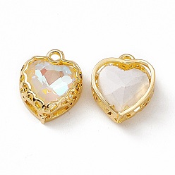 Crystal AB Heart K9 Glass Charms, Faceted, with Light Gold Tone Brass Edge, Crystal AB, 14.5x12x5.5mm, Hole: 1.6mm