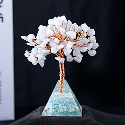 Aquamarine Natural Aquamarine Chips Tree Decorations, Resin & Gemstone Chip Pyramid Base with Copper Wire Feng Shui Energy Stone Gift for Home Office Desktop Decorations, 95x40mm