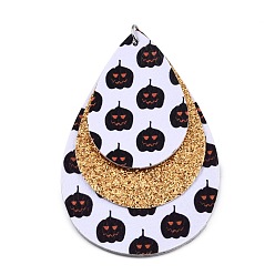 Gold Halloween Theme Imitation Leather Pendant, with Iron Jump Ring, Triple Layer Teardrop with Pumpkin, Gold, 71x45x3.5mm, Hole: 5mm