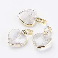 Quartz Crystal Natural Quartz Crystal Pendants, Rock Crystal Pendants, with Brass Findings, Faceted, Heart, Golden, 14~15x12~12.5x4.5~5.5mm, Hole: 4x6mm