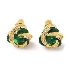 Зеленый Серьги-гвоздики из латуни с микропаве из кубического циркония, долговечный, цветок, золотые, зелёные, 13x12 мм