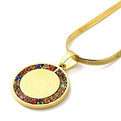 Golden Colorful Rhinestone Saint Benedict Pendant Necklaces, with 304 Stainless Steel Flat Snake Chains, Golden, 16.61 inch(42.2cm)