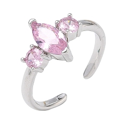 Pink Латунные микропаве кубические цирконии манжеты открытые кольца для женщин, лошадиный глаз , со стеклом, долговечный, стойки покрытие, платина, розовые, 11 мм, внутренний диаметр: 18 мм