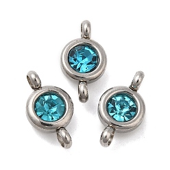Blue Zircon 304 Stainless Steel Single Rhinestone Connector Charms, Flat Round Links, Stainless Steel Color, Blue Zircon, 12x6.5x4mm, Hole: 2mm