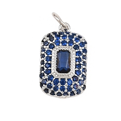 Blue Brass Micro Pave Cubic Zirconia Pendantss, Rectangle Charms, Rack Plating, Long-Lasting Plated, Lead Free & Cadmium Free, Platinum, Blue, 17x10x4mm, Hole: 3.3mm