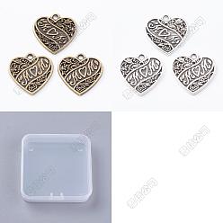 Antique Bronze & Antique Silver 70Pcs 2 Colors Tibetan Styles Alloy Pendants, Heart with Word Mon, Antique Bronze & Antique Silver, 18x18x1mm, 35pcs/color