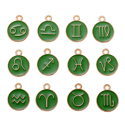 Sea Green Alloy Enamel Pendants, Golden, Flat Round with Twelve Constellation Pattern, Sea Green, 15x12mm, 12pcs/set