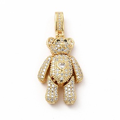 Clear Rack Plating Brass Micro Pave Cubic Zirconia Pendants, Cadmium Free & Lead Free, Real 18K Gold Plated, Long-Lasting Plated, Mechanical Charm, Bear with Heart Charm, Clear, 32x17.5x8.5mm, Hole: 3x6.5mm