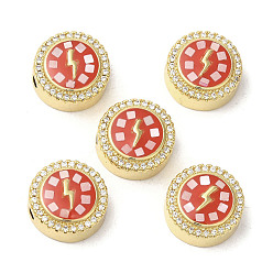 Красный Латунные микро проложить кубического циркония бусы, с эмалью и ракушкой, долговечный, без свинца и без кадмия, реальный 18 k позолоченный, плоские круглые с молнией, красные, 12x5.5 мм, отверстие : 2 мм
