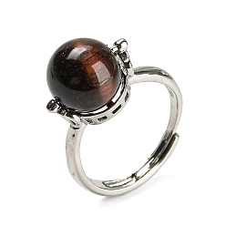 Тигровый глаз Круглые регулируемые кольца из окрашенного натурального тигрового глаза, платиновое латунное кольцо, размер США 7 1/4 (17.5 мм)