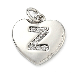 Letter Z Латунные микропаве прозрачные подвески с фианитом, сердце прелести, без кадмия и без свинца, стойки покрытие, долговечный, платина, Письмо Z, 15x15x2 мм, отверстие : 3 мм