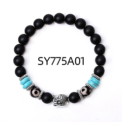 Black Stone Natural Black Stone & Synthetic Turquoise Stretch Bracelet, Buddhist Head Alloy & dZi Bracelet, 7-1/4 inch(18.5cm)