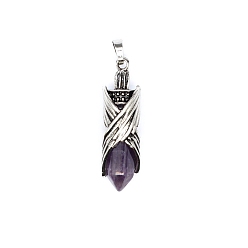 Amethyst Natural Amethyst Pointed Pendants, Faceted Bullet Charms with Antique Silver Plated Brass Wings, 44x12mm