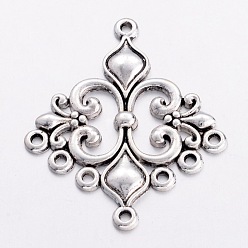Antique Silver Tibetan Style Alloy Chandelier Component Links, Lead Free and Cadmium Free and Nickel Free, Rhombus, Antique Silver, 35x29x2mm, Hole: 1.5mm