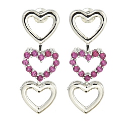 Средний Фиолетово-красный Серьги-гвоздики из латуни с микропаве из кубического циркония, сердце, платина, средне фиолетовый красный, 36x12.5 мм