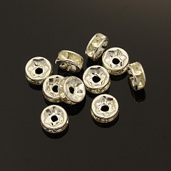 Silver Brass Rhinestone Spacer Beads, Grade B, Clear, Silver Color Plated, Size: about 7mm in diameter, 3.2mm thick, hole: 1.2mm