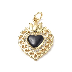 Black Eco-Friendly Rack Plating Brass Micro Pave Cubic Zirconia Pendants, with Enamel & Jump Ring, Long-Lasting Plated, Lead Free & Cadmium Free, Sacred Heart Charm, Real 18K Gold Plated, Black, 23x16.5x4mm, Hole: 3.4mm