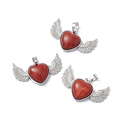 Red Jasper Natural Red Jasper Pendants, Heart Charms with Wing, with Platinum Tone Brass Findings, 22x37.5x7mm, Hole: 7.5x5mm