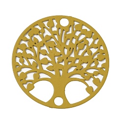 Dark Goldenrod Spray Painted 430 Stainless Steel Connector Charms, Flat Round with Tree of Life Link, Dark Goldenrod, 20x0.5mm, Hole: 1.8mm