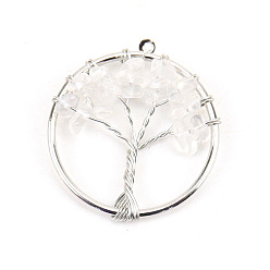 Quartz Crystal Natural Quartz Crystal Tree fo Life Pendants, Iron Ring Chip Gems Tree Charms, Platinum, 30mm