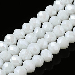 White Electroplate Glass Beads Strands, Pearl Luster Plated, Faceted, Rondelle, White, 6x5mm, Hole: 1mm, about 85~88pcs/strand, 16.1~16.5 inch(41~42cm)