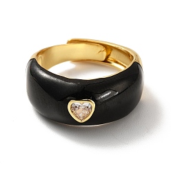 Черный Регулируемое кольцо в форме сердца из прозрачного кубического циркония, кольцо-солитер с эмалью, массивное женское кольцо из латуни с покрытием из настоящего золота 18k, без кадмия и без свинца, чёрные, размер США 7 3/4 (17.9 мм)