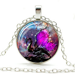 Magenta Dragon Theme Glass Round Pendant Necklace with Alloy Chains, Magenta, 20.47 inch(52cm)
