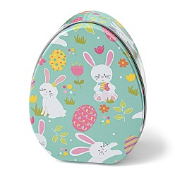 Medium Aquamarine Easter Theme Cartoon Tinplate Gift Box, Egg Shape Candy Box, Egg & Rabbit Pattern Storage Box, Medium Aquamarine, 8.9x11.4x4.4cm