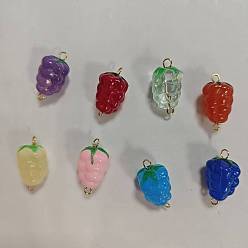 Mixed Color 8Pcs 8 Styles Handmade Lampwork Grapes Connector Charms, with Golden Tone 304 Stainless Steel Double Loops, Mixed Color, 22mm, 1pc/color