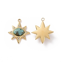 African Turquoise(Jasper) Natural African Turquoise(Jasper) Pendants, with Ion Plating(IP) Real 18K Gold Plated 304 Stainless Steel Micro Pave Cubic Zirconia Findings, Star Charm, 22x18.5x5mm, Hole: 1.8mm