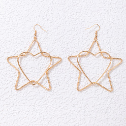21786 Bold Geometric Earrings with Heart and Star Charms - Unique Five-Pointed Stars and Hearts Ear Hooks for Women