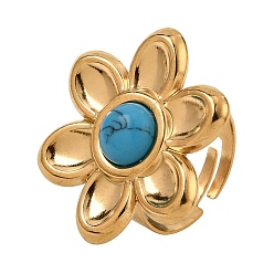 Synthetic Turquoise 304 Stainless Steel Cuff Open Rings for Women, Flower, with Synthetic Turquoise, Ion Plating(IP), Golden, US Size 7(17.3mm)