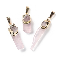 Rose Quartz Natural Rose Quartz Big Pendants, with Golden Plated Brass Snap on Bails, Rectangle Charms, 20~74x8~14x6~16mm, Hole: 10x4mm