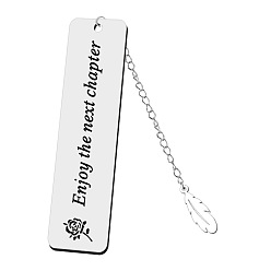 Flower Rectangle with Quote Enjoy The Next Chapter Bookmark, Stainless Steel Bookmark, Feather Pendant Bookmark with Long Chain, Rose Pattern, 120x30mm