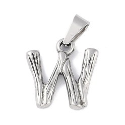 Letter W Non-Tarnish 304 Stainless Steel Pendants, Bamboo Style, Stainless Steel Color, Letter.W, 19x16x3mm, Hole: 3x7mm