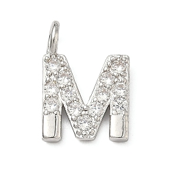Letter M Латунные микропаве прозрачные подвески с фианитом, без кадмия и без свинца, долговечный, стойки покрытие, платина, Буква М, 18x13x2.5 мм, отверстие : 2.5 мм