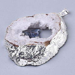 Kyanite Natural Druzy Agate Big Pendants, Edge Platinum Plated, with Natural Kyanite/Cyanite/Disthene and Iron Snap on Bails, Nuggets, 37~71x29~55x9~15mm, Hole: 4x6mm