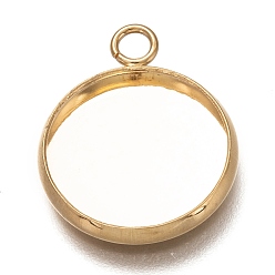 Real 18K Gold Plated 304 Stainless Steel Pendant Cabochon Settings, Plain Edge Bezel Cups, Flat Round, Real 18K Gold Plated, Tray: 14mm, 19.5x16x2mm, Hole: 2mm