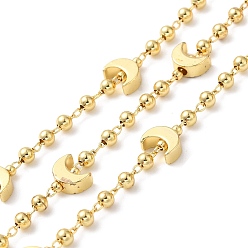 Real 18K Gold Plated Brass Moon Link Chains, with Round Bead, with Spool, Cadmium Free & Lead Free, Real 18K Gold Plated, Moon: 7x4x3mm, Beads: 3x4mm