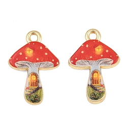 Red Printed Alloy Pendants, Mushroom with Door Charms, Golden, Rack Plating, Red, 21x14x3mm, Hole: 1.6mm