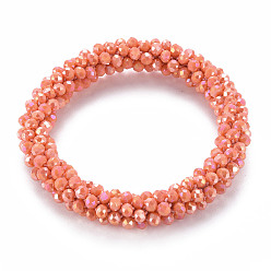 Coral AB Color Plated Faceted Opaque Glass Beads Stretch Bracelets, Womens Fashion Handmade Jewelry, Coral, Inner Diameter: 1-3/4 inch(4.5cm)