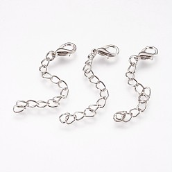 Platinum Iron Chain Extender, with Alloy Lobster Claw Clasps, Rack Plating, Platinum, 60~68x3.5mm, Clasp: 12x7x3mm