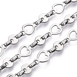 Stainless Steel Color 661 Stainless Steel Heart & Flat Round & Oval Link Chains, Unwelded, with Spool, Stainless Steel Color, 16x9.5x1mm, 8x1.5, 6.5x4x2mm, about 32.81 Feet(10m)/Roll