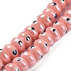 Pink Handmade Procelain Beads Strands, Abacus with Evil Eyes, Pink, 8.5x5mm, Hole: 1.5mm, about 55pcs/strand, 11.57''(29.4cm)