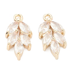 Real 14K Gold Plated Brass Clear Cubic Zirconia Pendants, Leaf, Real 14K Gold Plated, 17.5x9x3mm, Hole: 1.2mm