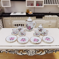 Pearl Pink Mini Ceramic Tea Sets, including Cup, Teapot, Saucer, Micro Landscape Garden Dollhouse Accessories, Pretending Prop Decorations, Pearl Pink, 16~26x9~33mm, 15pcs/box