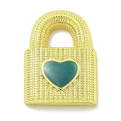 Зеленый Подвески из латуни с эмалью в стойку, долговечный, без свинца и без кадмия, замок с сердечками, реальный 18 k позолоченный, зелёные, 17x12x4 мм, отверстие : 4.5x4.5 мм