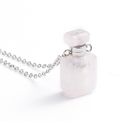 Rose Quartz Natural Rose Quartz Openable Perfume Bottle Pendant Necklaces, with 304 Stainless Steel Cable Chain and Plastic Dropper, Bottle, 17.5 inch(44.7cm), Bottle Capacity: 0.15~0.3ml(0.005~0.01 fl. oz), 1.5mm